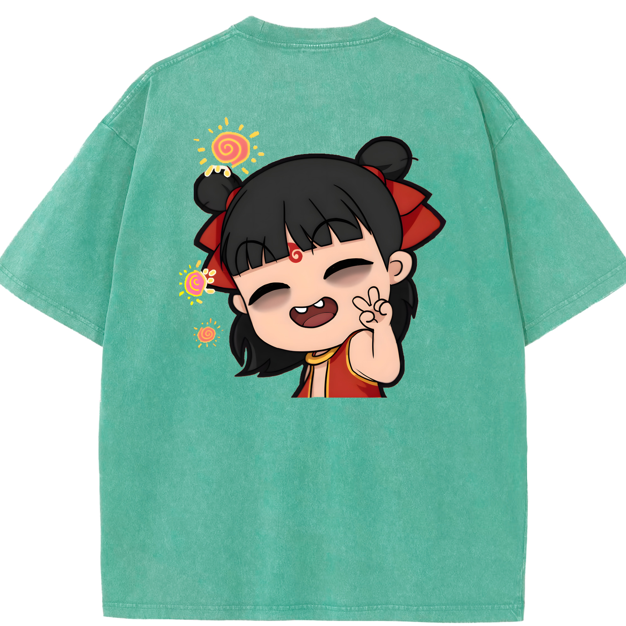 （画像用） Ne Zha 2 ナタ 魔童の大暴れ 綿100% ヴィンテージ風 半袖Tシャツ（背面プリント）